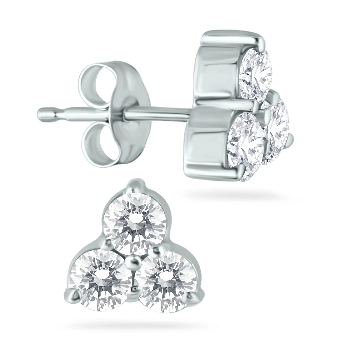 1 Ctw Three Stone Genuine Diamond Flower Earrings In 14K White Gold