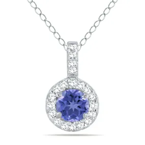 1/2 Carat Tw Halo Tanzanite And Diamond Pendant In 10K White Gold