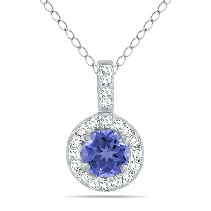 1/2 Carat Tw Halo Tanzanite And Diamond Pendant In 10K White Gold