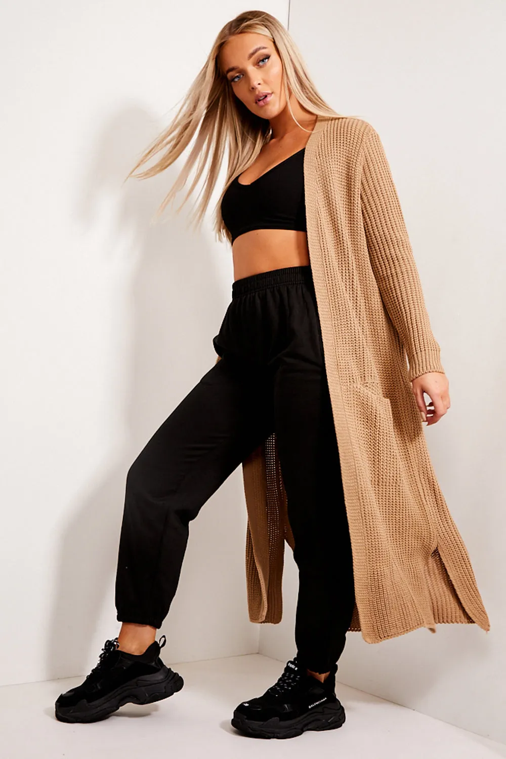 Allies Camel Longline Knitted Open Cardigan