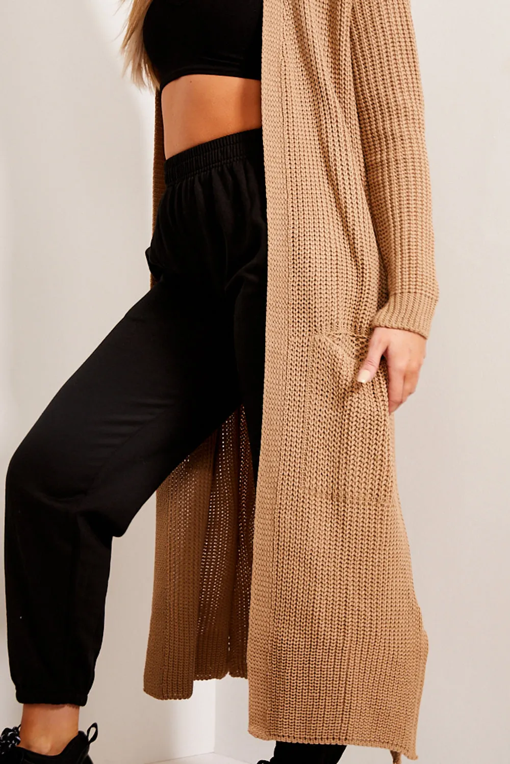 Allies Camel Longline Knitted Open Cardigan