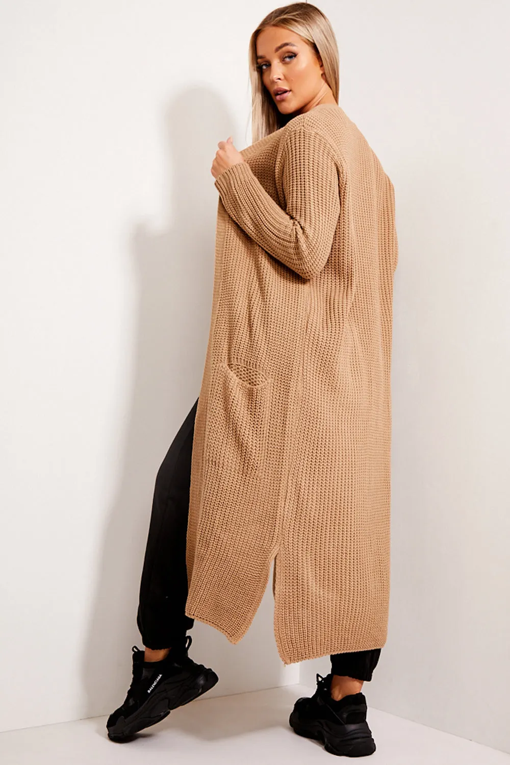 Allies Camel Longline Knitted Open Cardigan