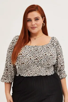 Animal Print 3/4 Sleeve Shirred Crop Top