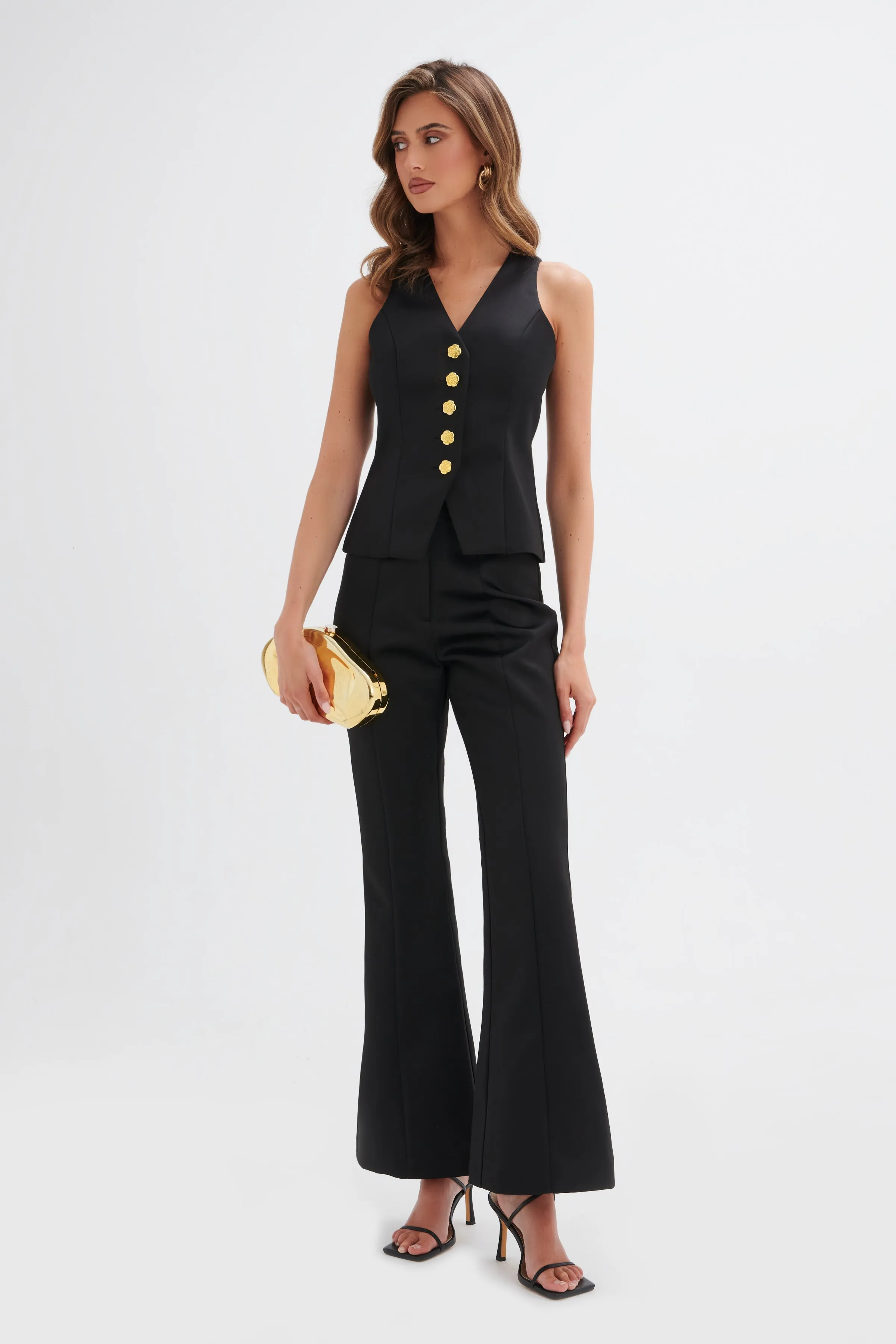 ARIA Rose Button Bonded Satin Waistcoat in Black