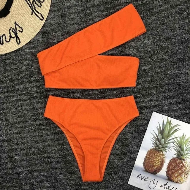 Asymmetrical Shoulder High Waist Bikini