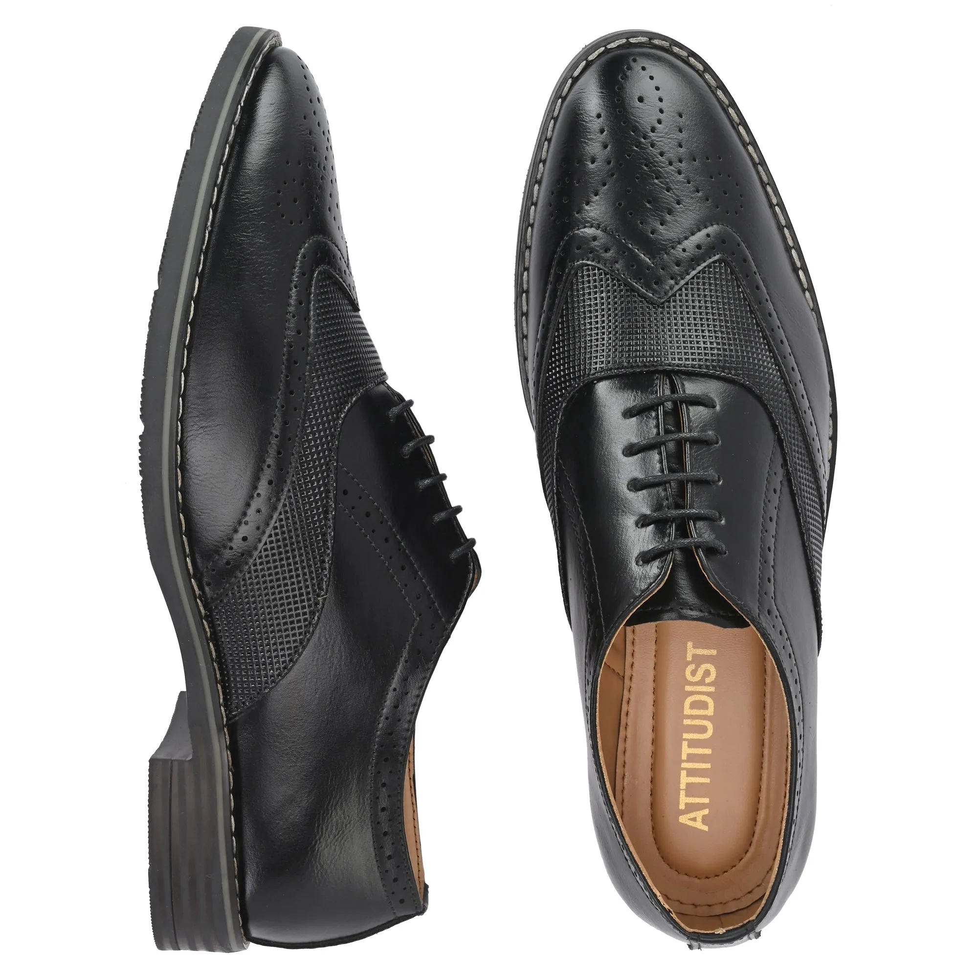 Attitudist Unisex Handcrafted Black Formal Lace-up Derby Shoes Full Brouges With Wingtips