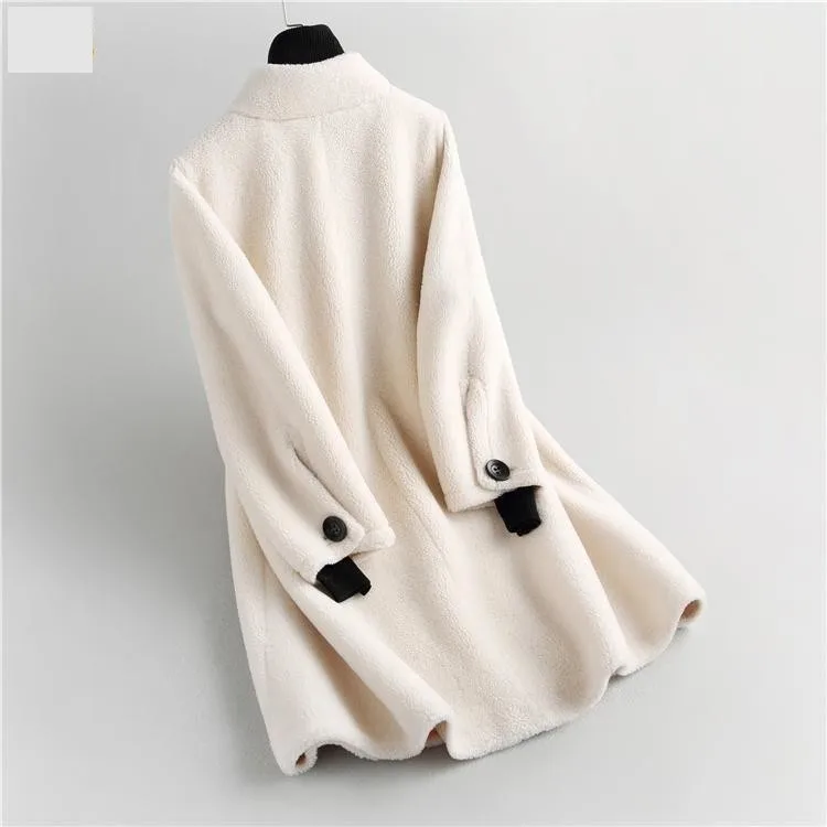 Autumn Winter Elegant Korean Women's Sheep Shearling Wool Coats & Jackets