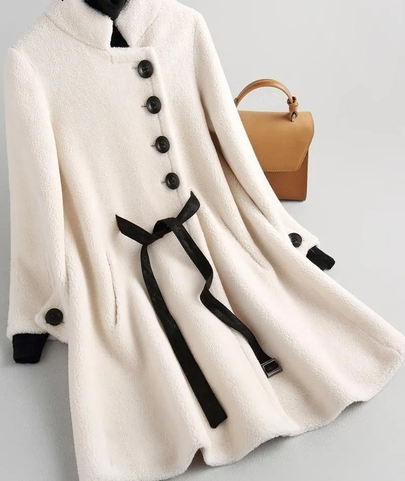 Autumn Winter Elegant Korean Women's Sheep Shearling Wool Coats & Jackets