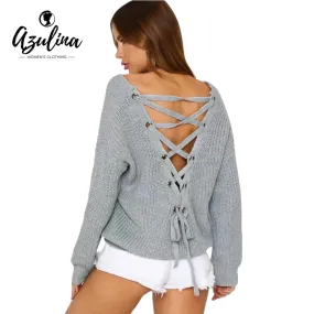 AZULINA Boho V Neck Back Lace Up Pullover Sweater Women Mustard Long Sleeve Casual Jumper Fall 2017 Fashion Sexy Loose Sweater