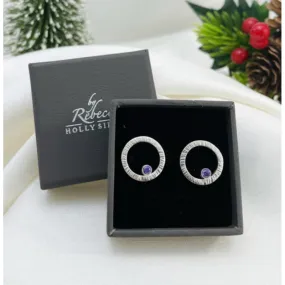 Birthstone Circle Sterling Silver Stud Earrings