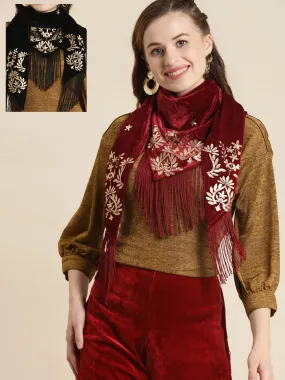 Black & Maroon Velvet Foil Print Scarves (Set of 2)