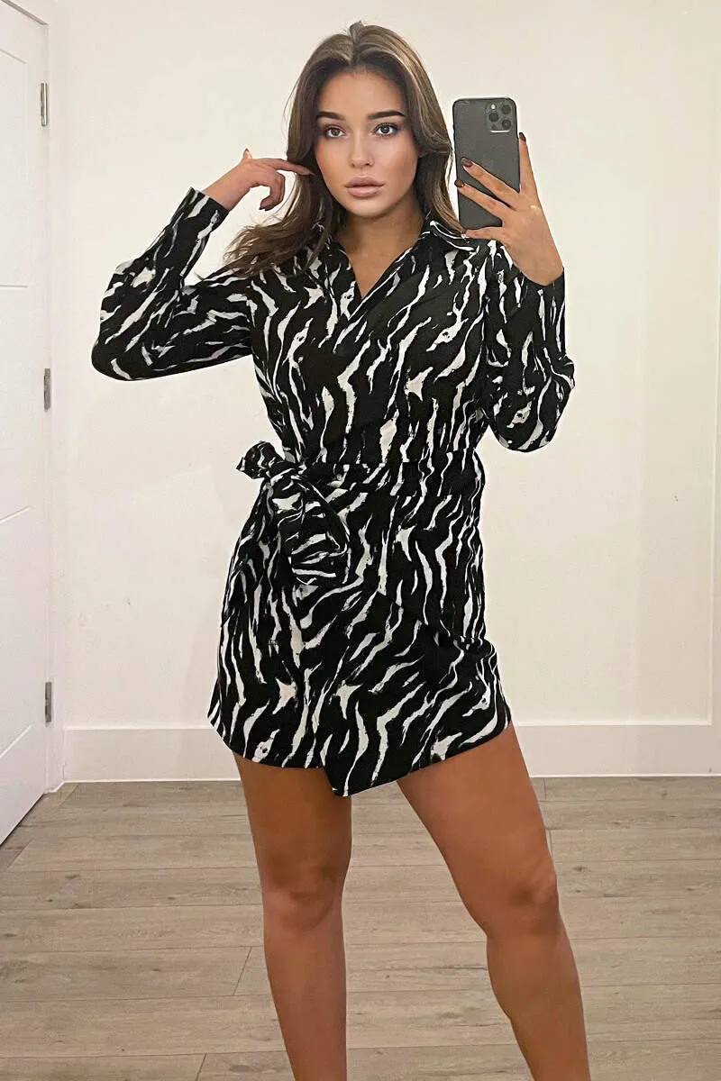 Black and White Printed Tie Wrap Long Sleeve Dress