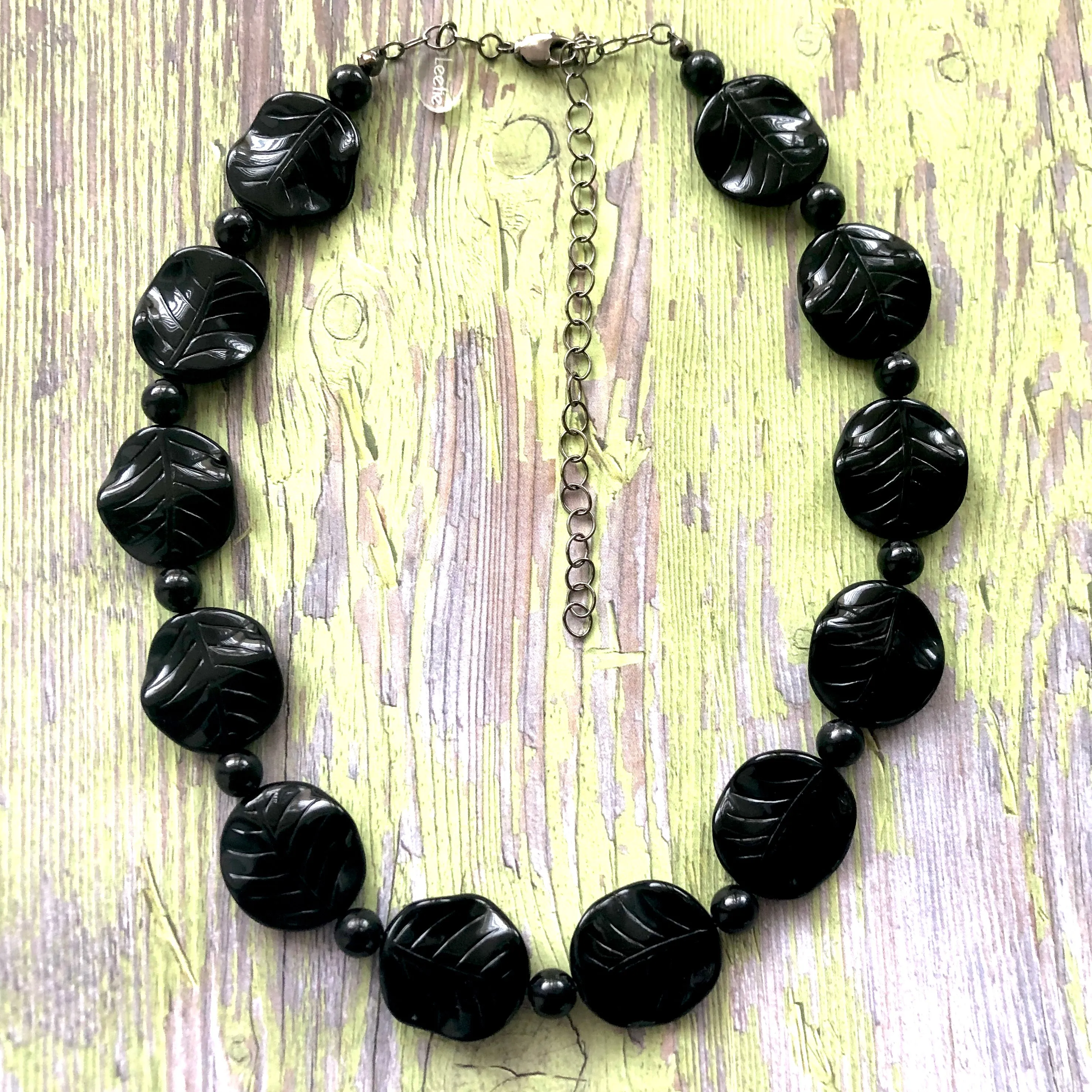 Black Carved Leaves Beaded Marco Necklace