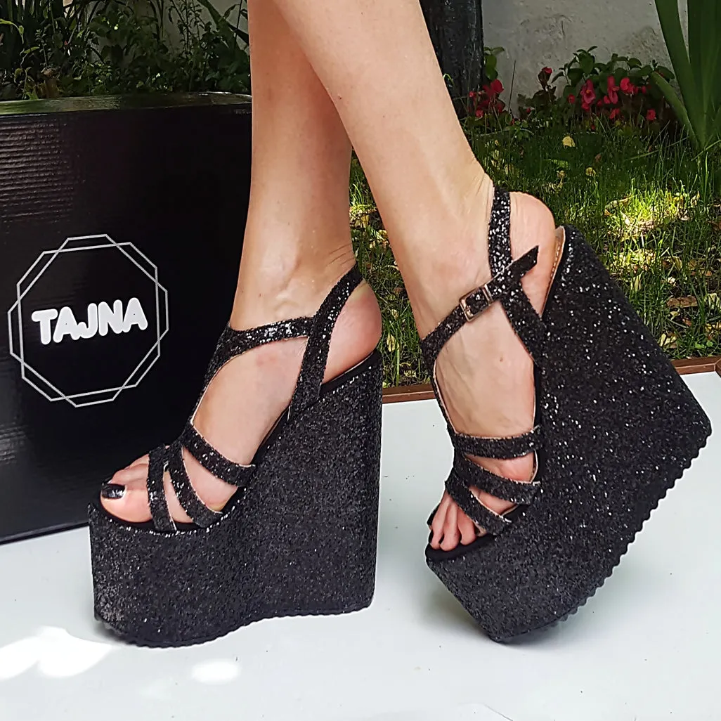 Black Shiny Multi Strap Wedge Platform Sandals