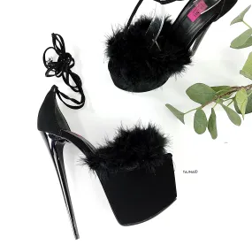 Black Suede Fur Detail Lace Up Sandals