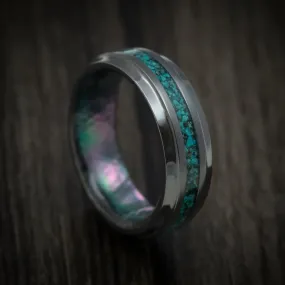 Black Titanium Men's Ring with Black Mother of Pearl Sleeve and Chrysocolla Stone Inlay Custom Made