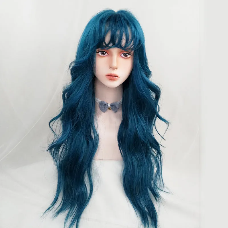 Blue and green long curly wig KF81987