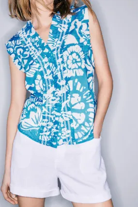 Blue Batik Floral Sleeveless Tida Shirt