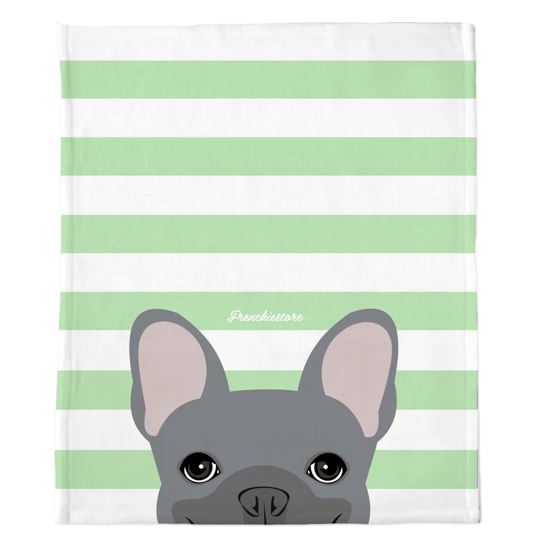 Blue French Bulldog on Mint Stripes | Frenchie Blanket