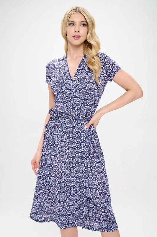 Blue Printed Wrap Dress