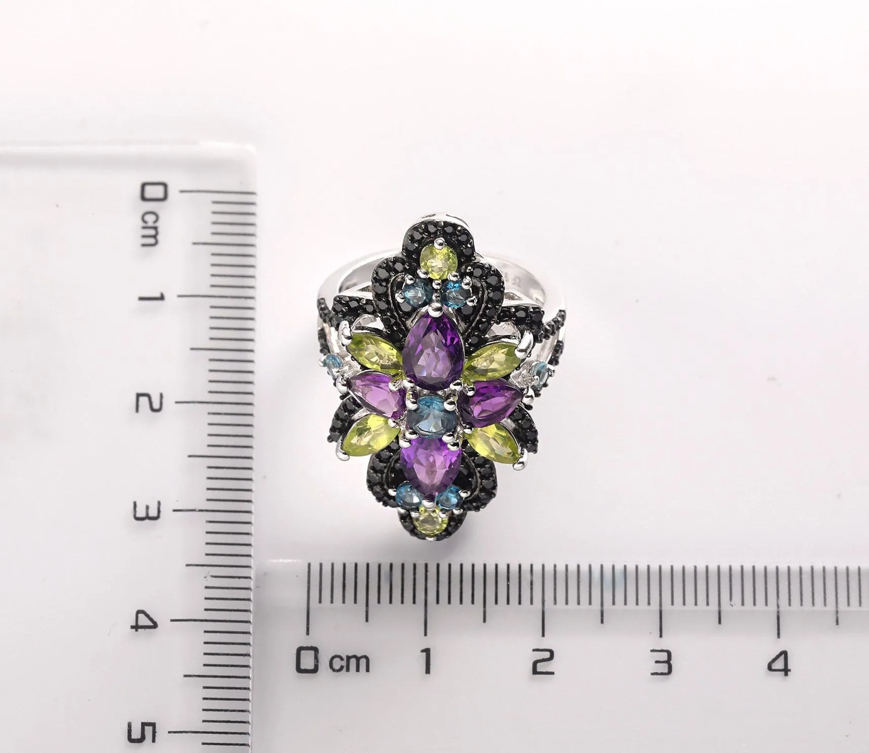 Blue Topaz, Black Spinel, Peridot & Amethyst 925 Sterling Silver Ring