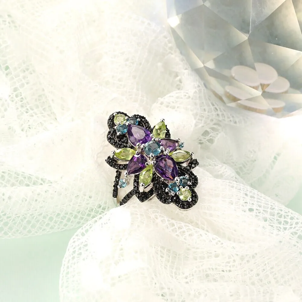 Blue Topaz, Black Spinel, Peridot & Amethyst 925 Sterling Silver Ring