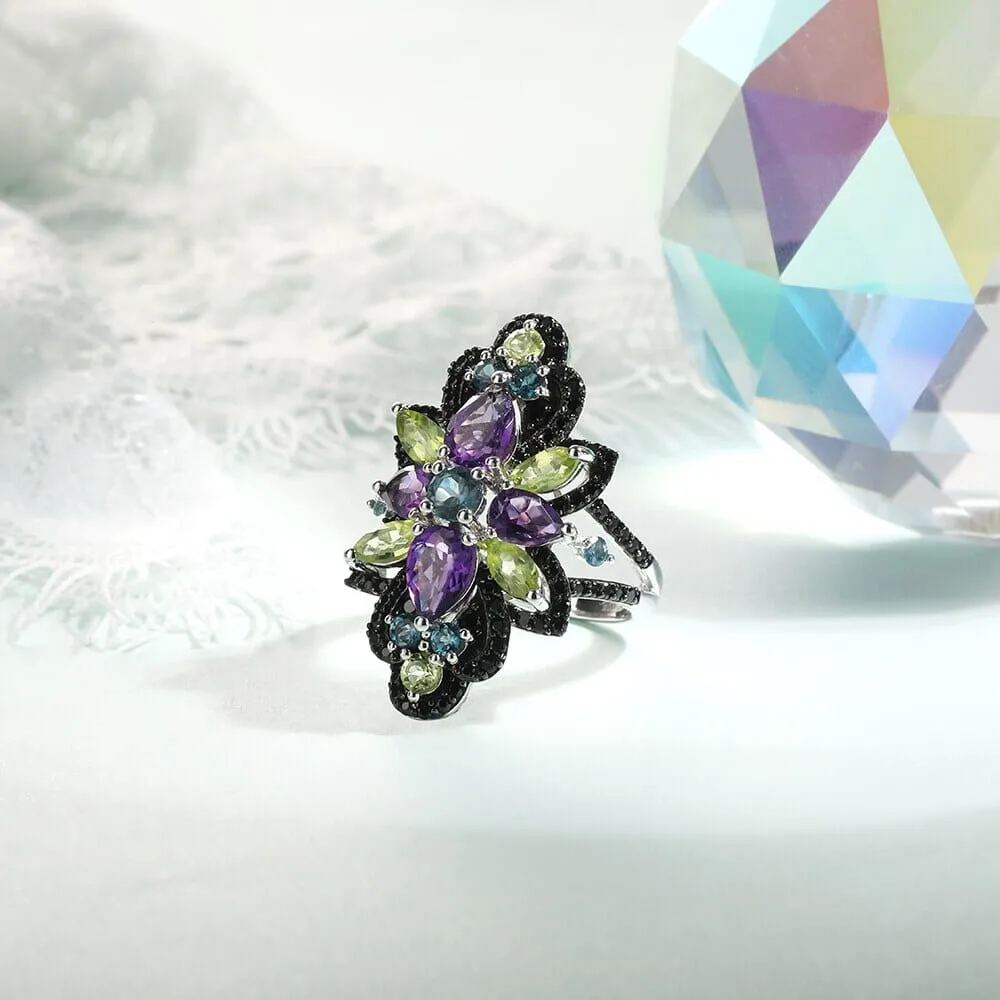 Blue Topaz, Black Spinel, Peridot & Amethyst 925 Sterling Silver Ring