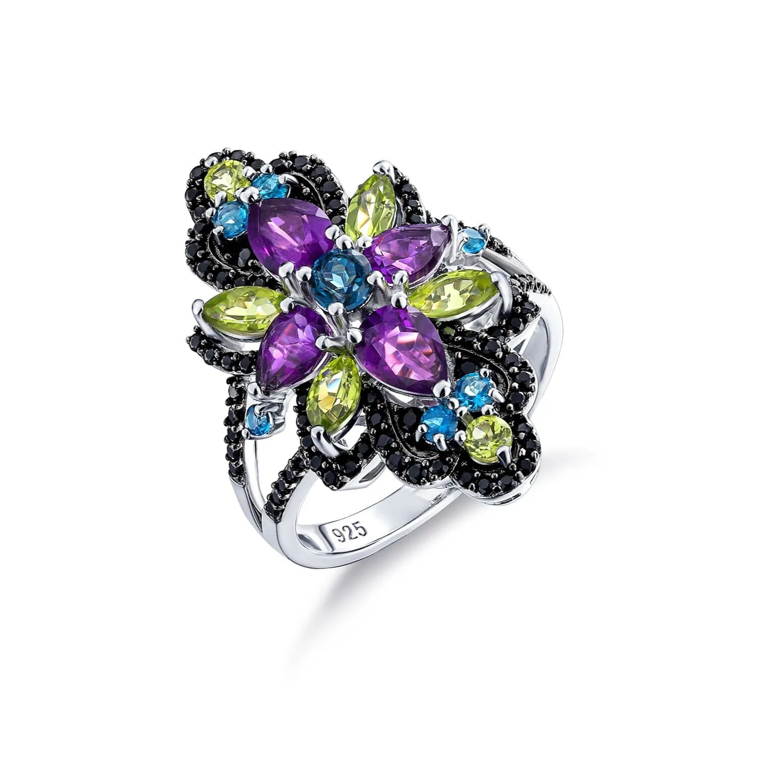 Blue Topaz, Black Spinel, Peridot & Amethyst 925 Sterling Silver Ring