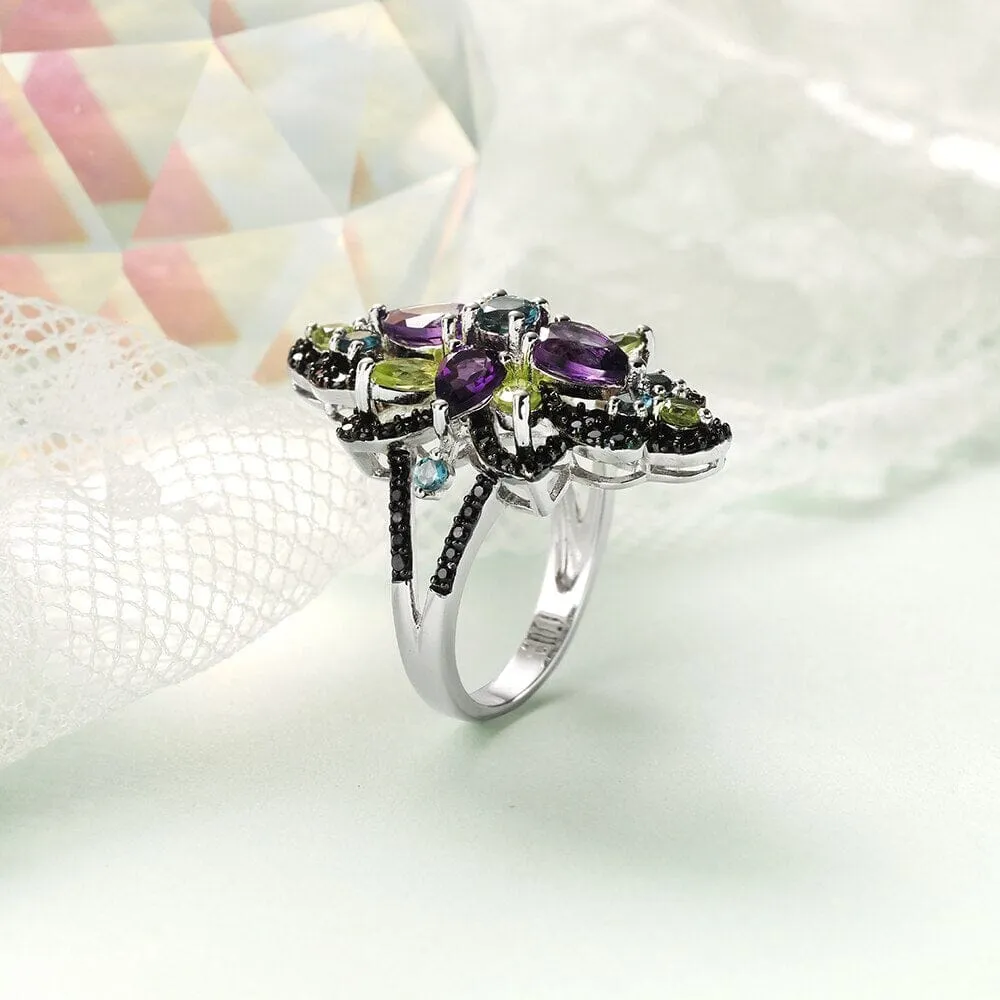 Blue Topaz, Black Spinel, Peridot & Amethyst 925 Sterling Silver Ring