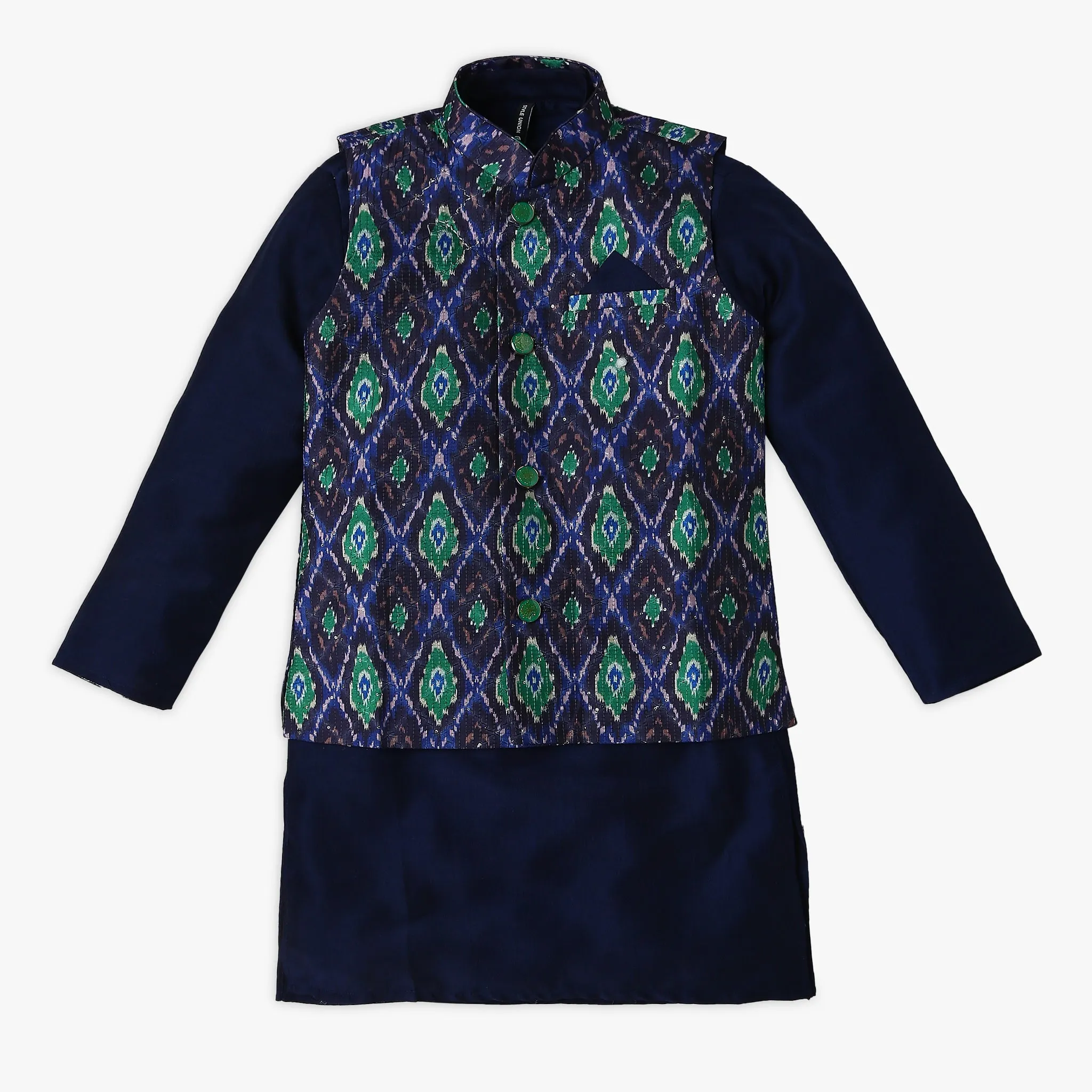 Boy's Regular Fit Printed Kurta & Pant with Jacket Set