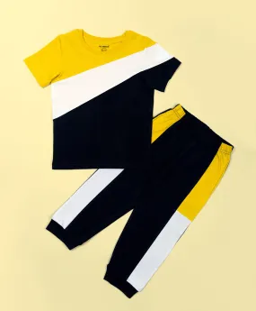 Boys Yellow & Blue Colorblock Half Sleeves T-Shirt & Lounge Pant Set