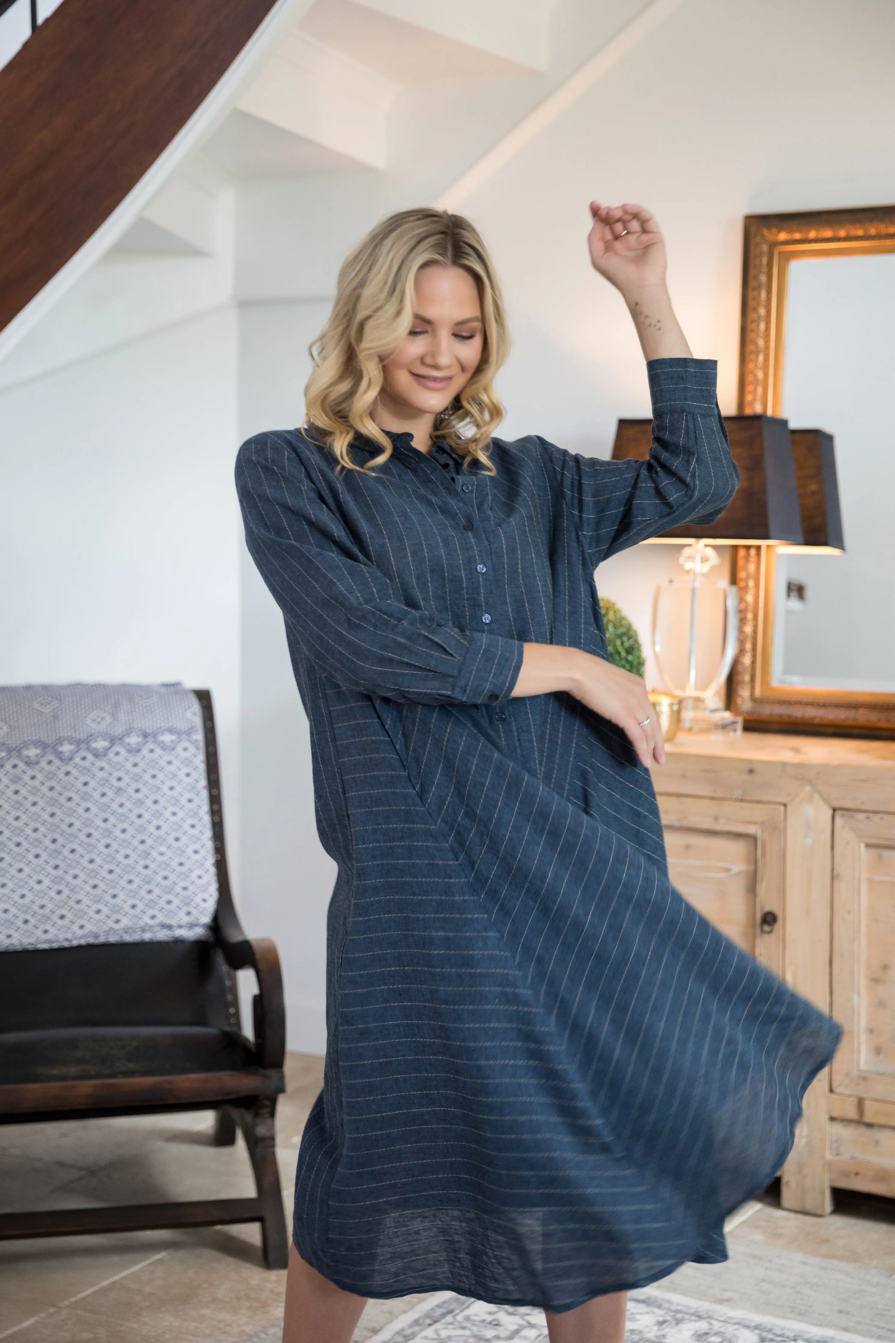 Cadillia Dress in Oxford Navy Pinstripe