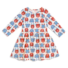 Calgary Dress - Furry Friends Red & Blue