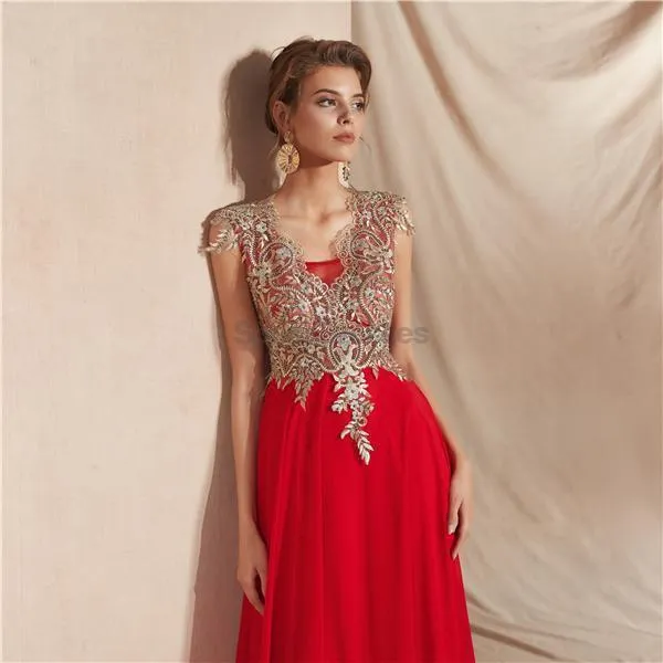 Cap Sleeves Applique Chiffon Evening Prom Dresses, Evening Party Prom Dresses, 12068