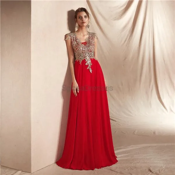 Cap Sleeves Applique Chiffon Evening Prom Dresses, Evening Party Prom Dresses, 12068