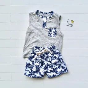 Caper Sleeveless Top & Shorts in Navy Coconut Trees Print and Gray Stretch