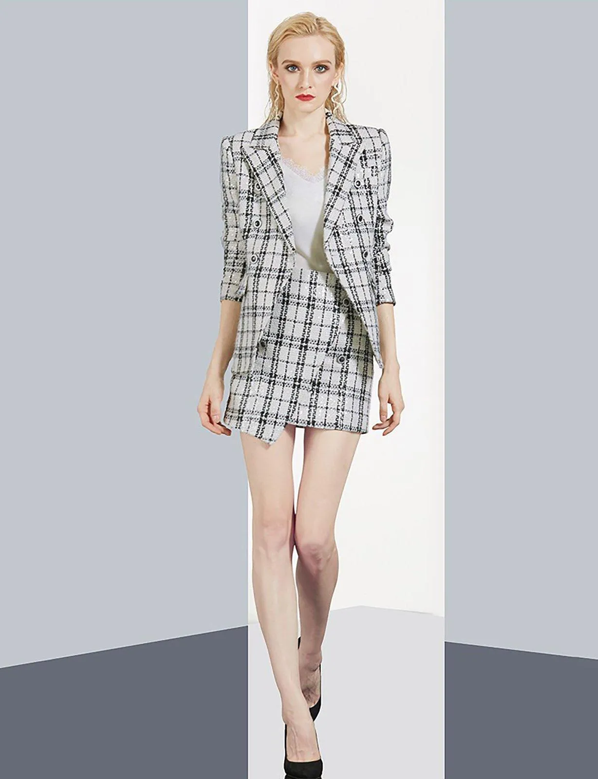 Classic Plaid Notch Blazer & Asymmetric Mini Skirt Suit Set