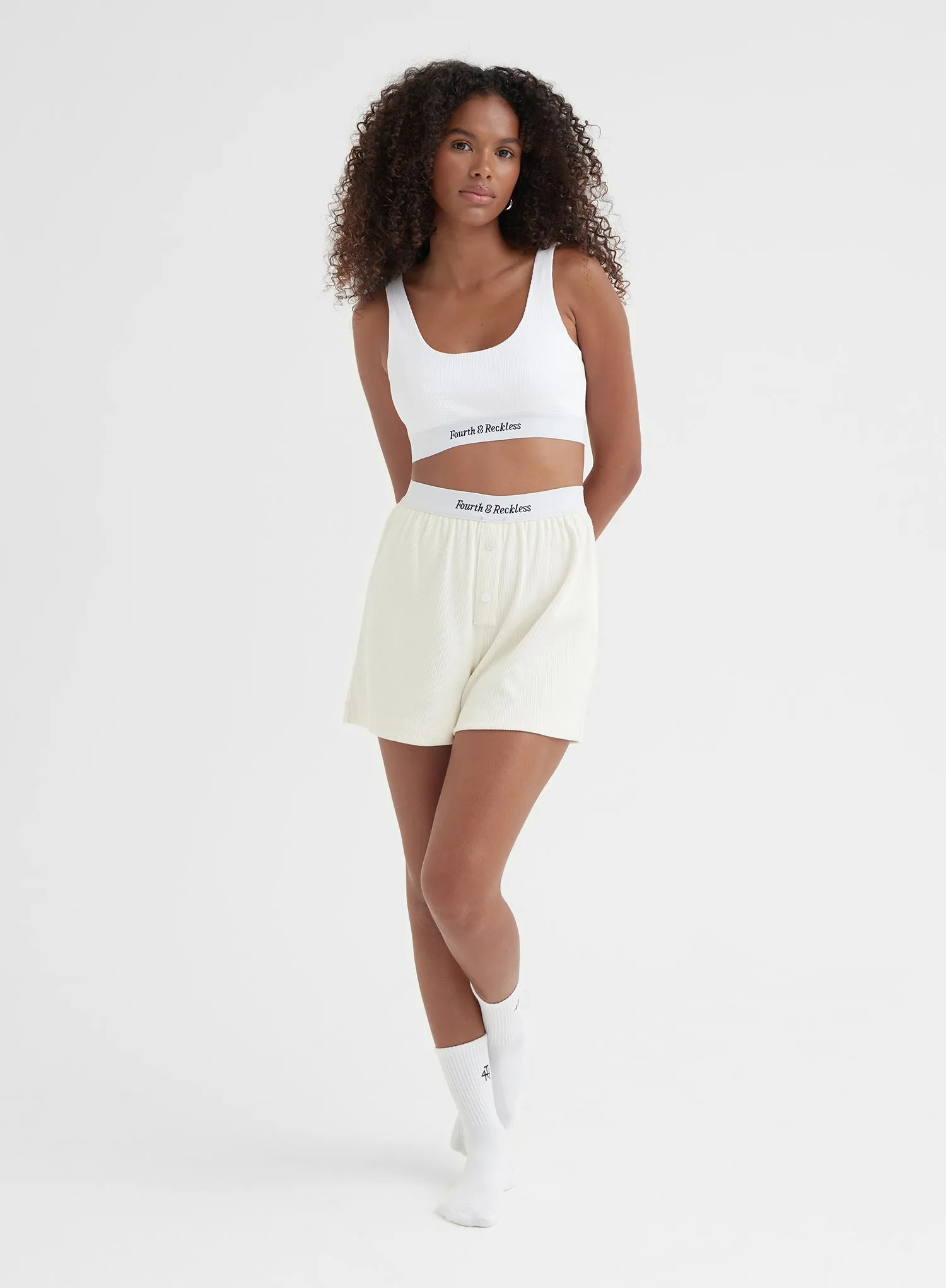 Cream Ribbed Jersey Elasticated Short - Jaz