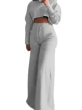 Cropped Long Sleeve Top and Wide Leg Pants 2-Pc Set