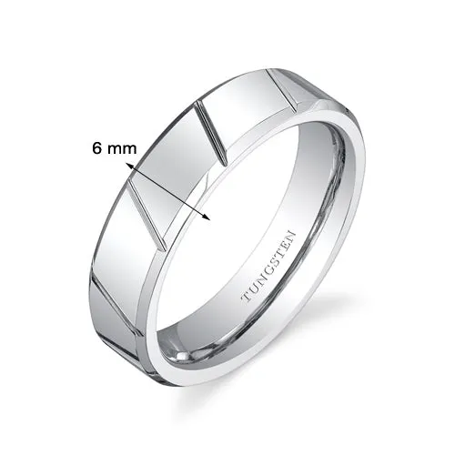 Diagonal Notches 6mm Unisex Tungsten Band Size 13