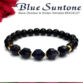 Diamond Cut Blue Sunstone With Black Obsidian And Golden Hematite Bracelet