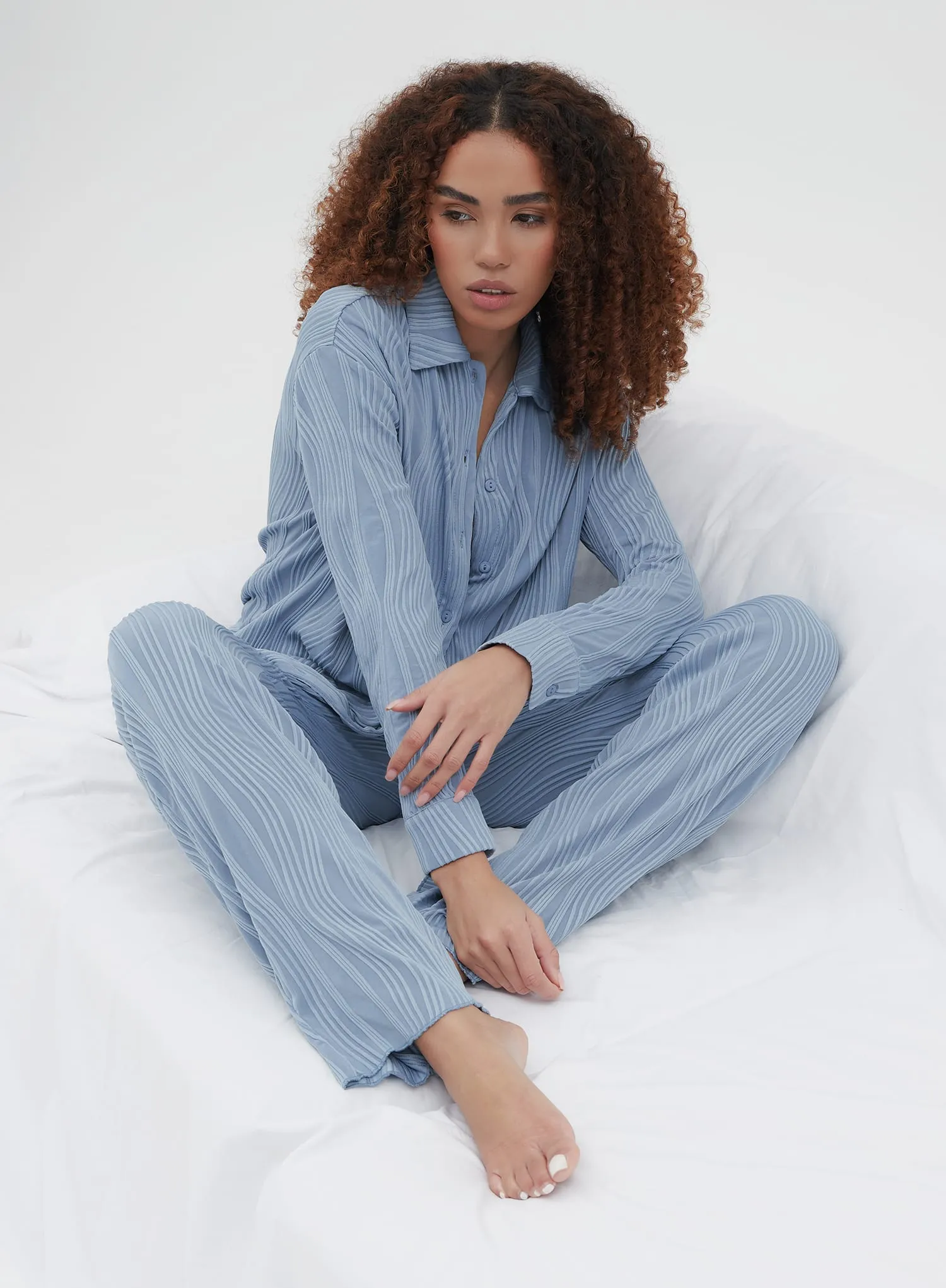 Dusty Blue Relaxed Plisse Shirt - Tela