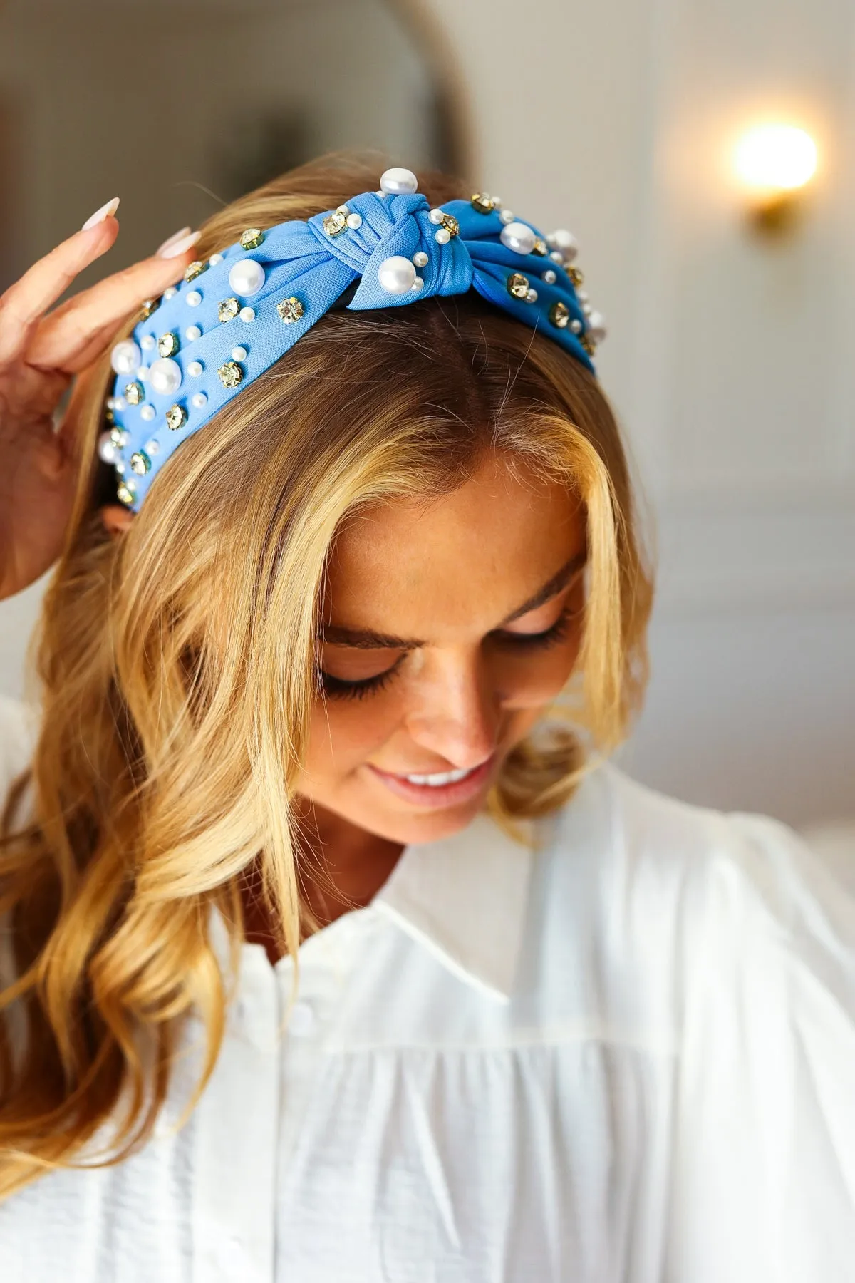 Explore More Collection - Azure Blue Pearl & Jewels Top Knot Knit Headband