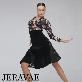 Floral or Tiger Print Latin Practice Dress with High Waist and Transparent Top with Long Sleeves and Lace-up Neckline PRA 410