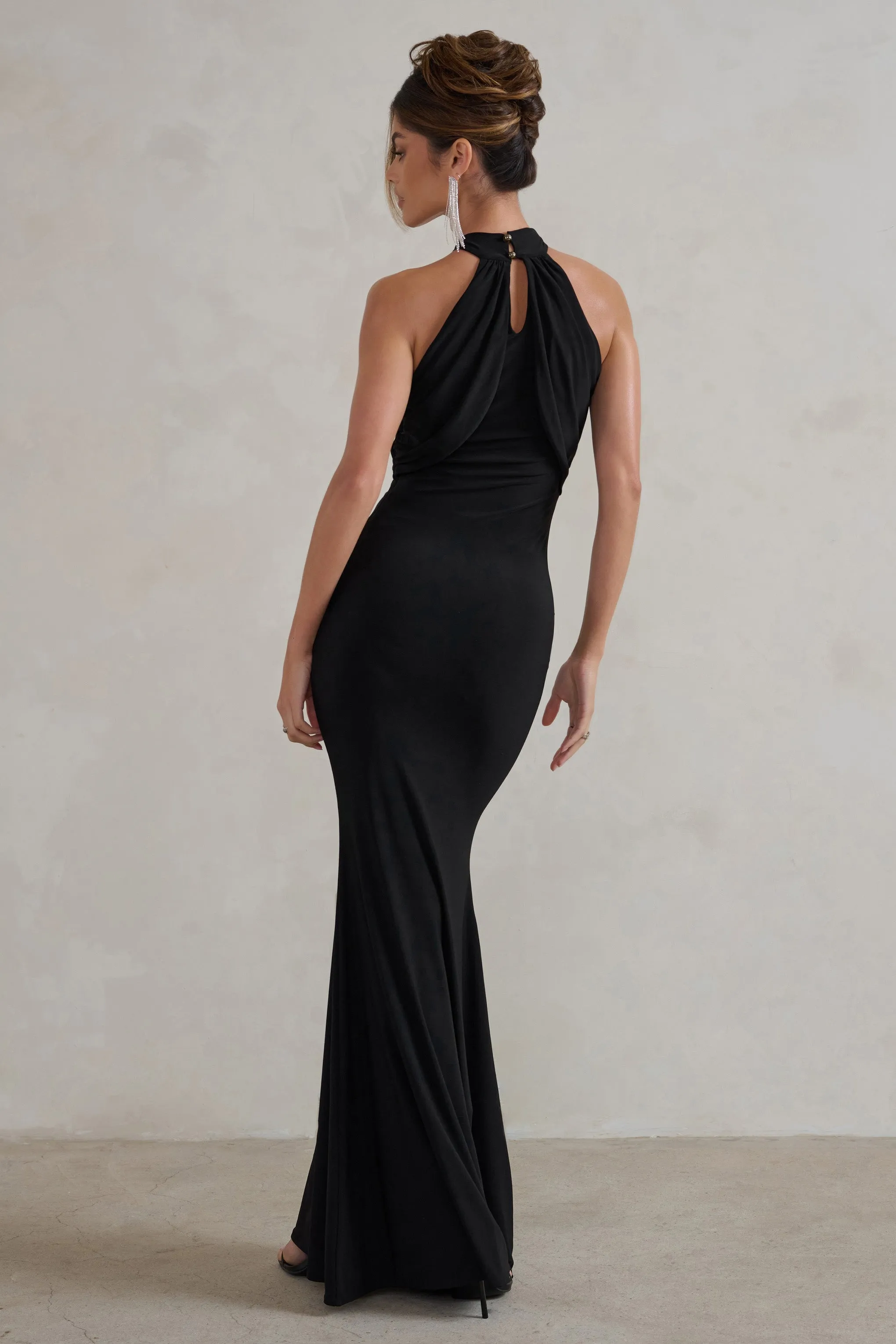 Genevieve | Black Twist High Neck Drape Detail Maxi Dress