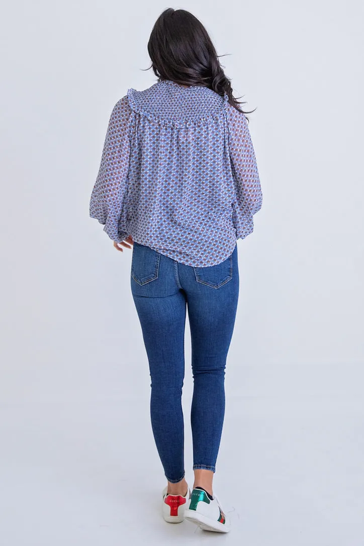 Geometric Smocked Button Top