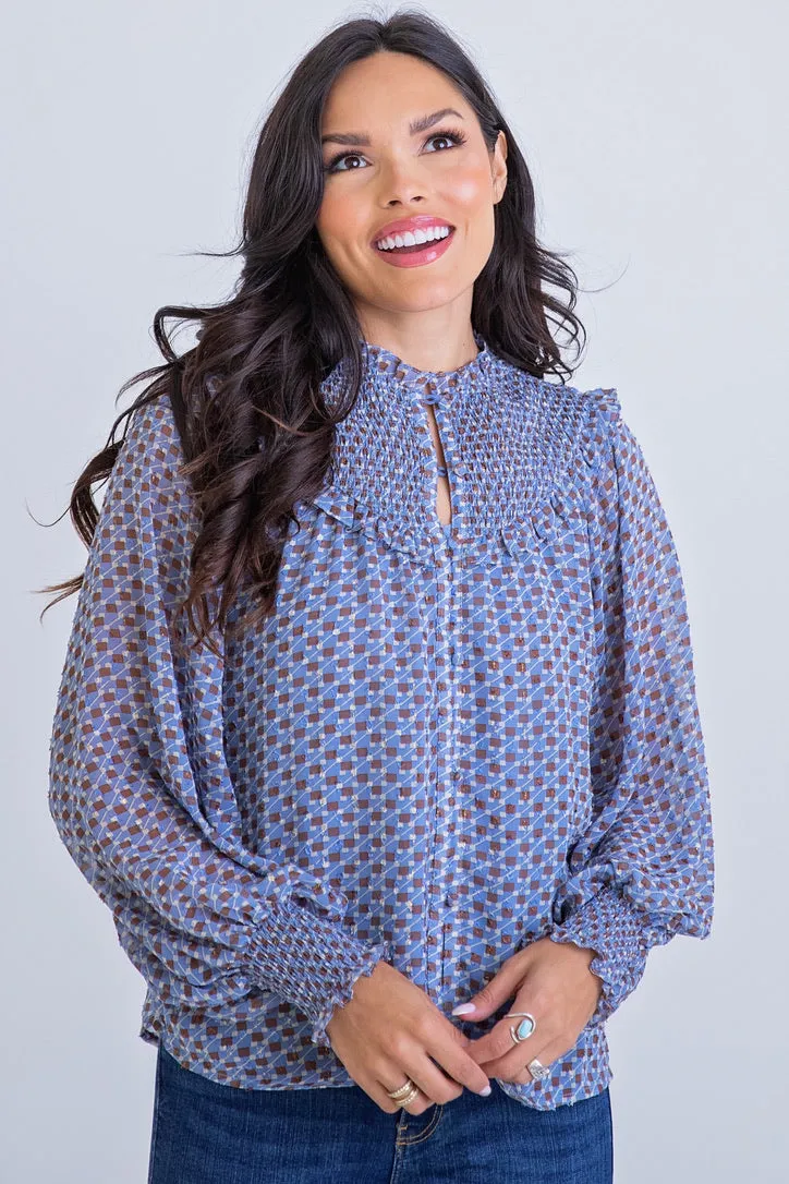 Geometric Smocked Button Top