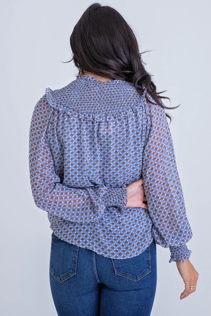 Geometric Smocked Button Top