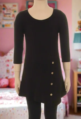 Girls High-Low Asymmetric Black Dress, Long Tunic Top, Sizes 6/8/10/12, Solid Black