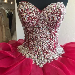 Gorgeous Crystal Beaded Bodice Corset Organza Ruffles Quinceanera Dresses Ball Gowns